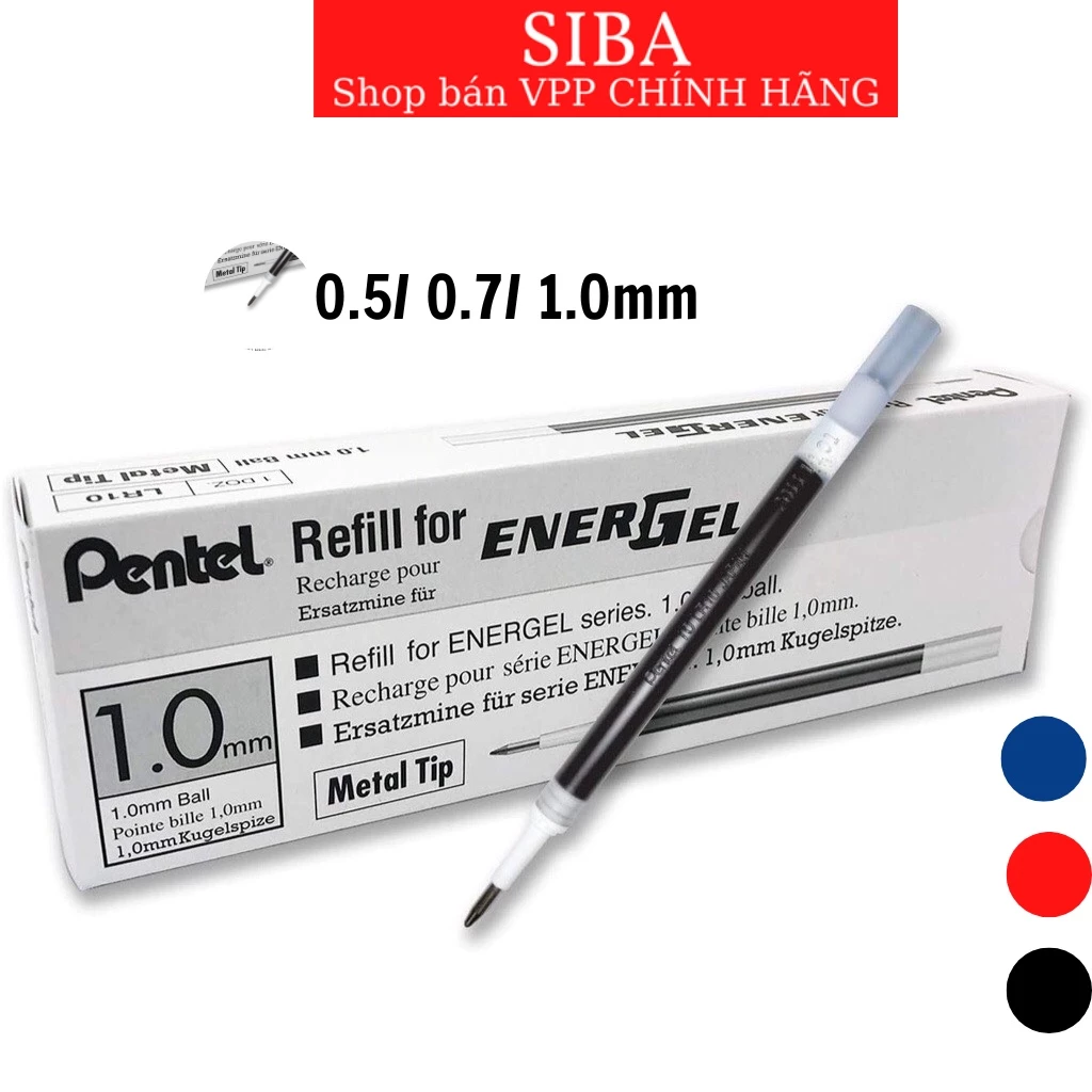 Combo hộp 12 chiếc ruột bút gel Pentel ENERGEL nét 0.5/ 0.7/ 1.0mm, màu mực xanh/ đỏ/ đen