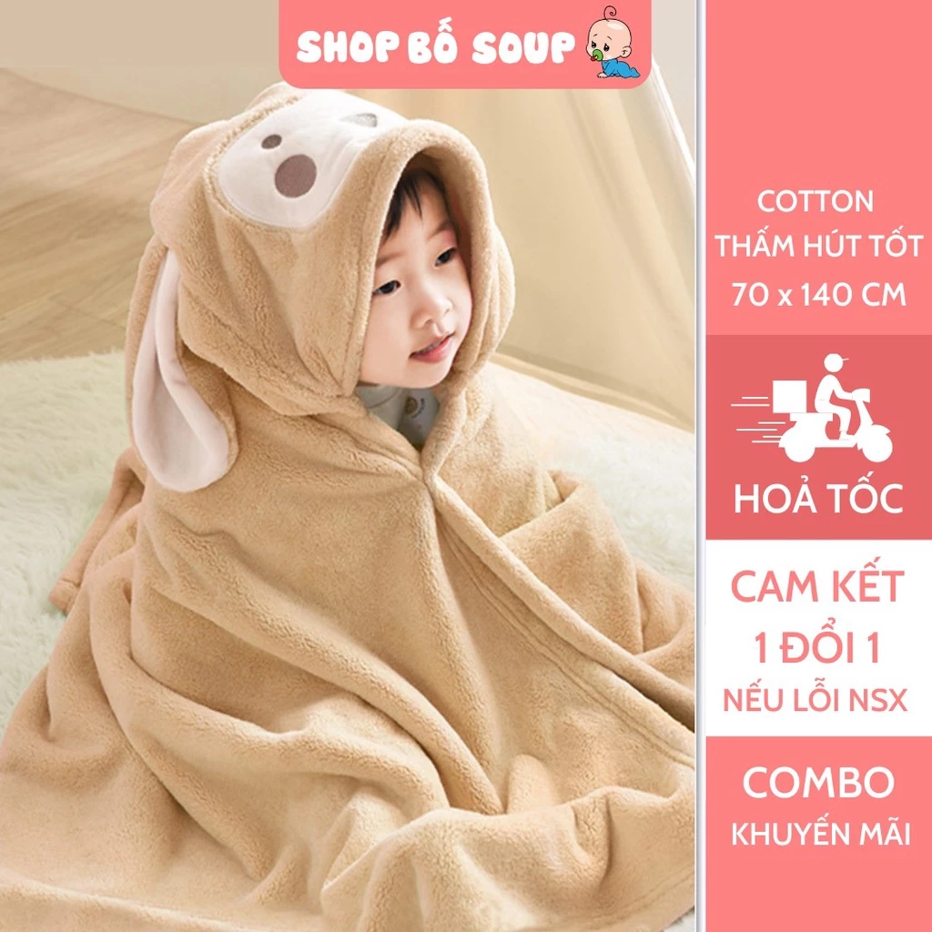 Khăn tắm cho bé, khăn choàng tắm có mũ, áo choàng tắm cho bé đi biển Shop Bố Soup