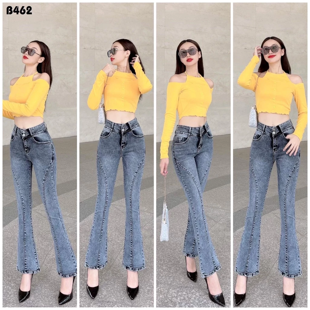 Quần Jeans Nữ Ống Loe Dài Chít Thân Màu Xám