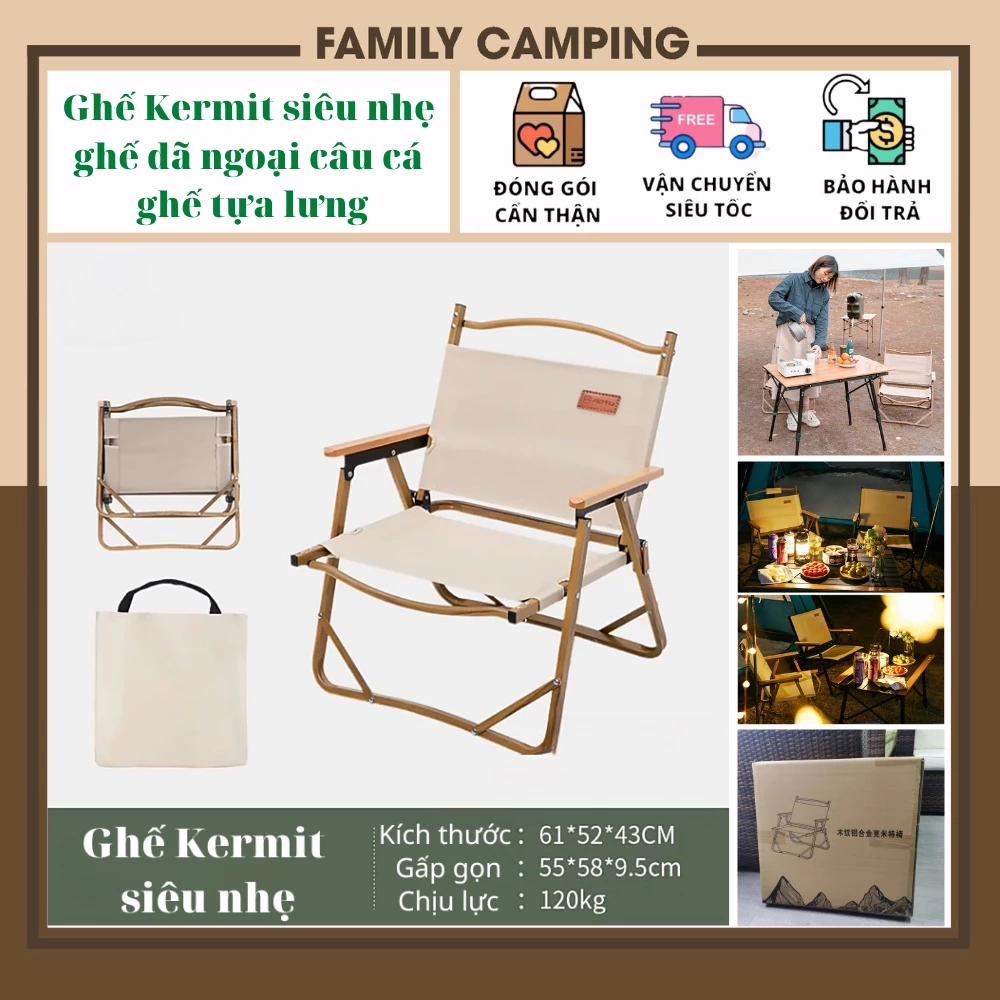 Ghế Kermit siêu nhẹ gấp gọn có túi đựng tỳ tay gỗ sồi cao cấp thích hợp cắm trại dã ngoại...