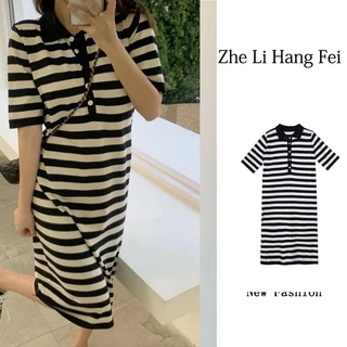 Đầm thun ZHELIHANGFEI dệt kim dáng dài qua đầu gối tay ngắn cổ polo họa tiết kẻ sọc ngang chất lượng cao cho nữ