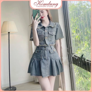 Set jean mix chân váy chất đẹp - Set Bò Denim Cao Cấp Áo Bò Tay Cộc Mix Chân Váy Video ảnh Thật