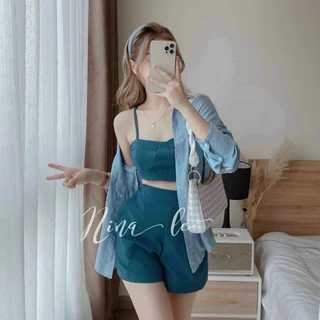 set bộ nữ thời trang đi chơi, sét đồ 2 dây tuyết mưa kèm áo khoác lụa sơ mi tay dài,