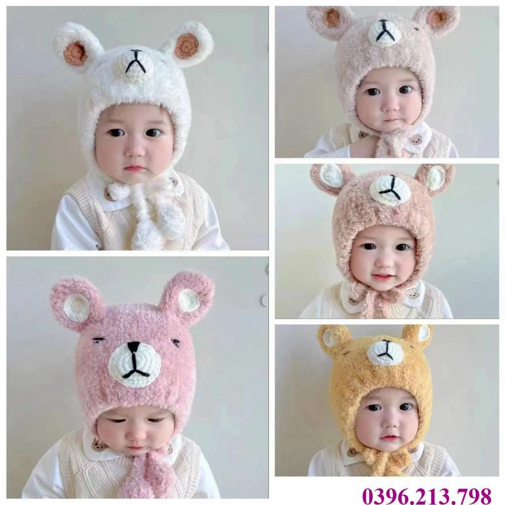 Mũ nón len lông cừu hình gấu mùa đông cho bé