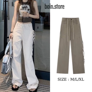 Quần KaKi Lưng Cao Phối Dây, Quần Túi Hộp Cargo Pants Có Túi Dáng Rộng Phong cách Retro cá tính Unisex Boin Store