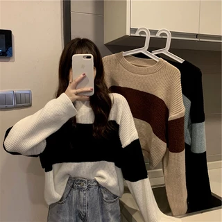 Áo Sweater Dáng Rộng Họa Tiết Kẻ Sọc Màu Sắc Phong Cách Cổ Điển Thời Trang Xuân Thu Cho Nữ TTJ310
