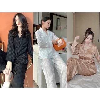 Đồ bộ đồ mặc nhà - Pyjama Nữ Tay Dài Thiết Kế Trơn Hoạ Tiết Ô Vuông Ẩn Sang Trọng chất liệu gấm mềm cao cấp