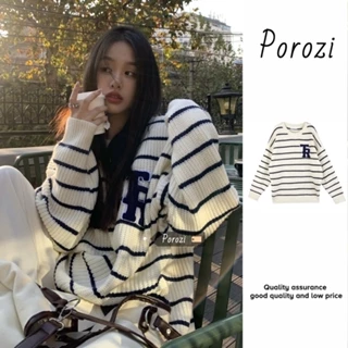 Porozi  Áo sweater dệt kim tay dài dáng rộng họa tiết kẻ sọc thời trang Hàn Quốc xinh xắn cho nữ