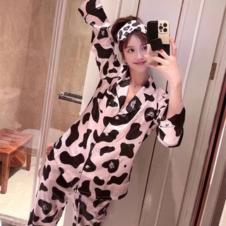 Bộ Đồ Ngủ Pijama Dáng Rộng Bằng Lụa Mát In Họa Tiết Bò Sữa Thời Trang Mùa Thu Mới 2022