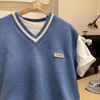 Áo Sweater Dệt Kim Sát Nách Dáng Rộng Màu Trơn Kiểu Hàn Quốc Thời Trang Cho Nam