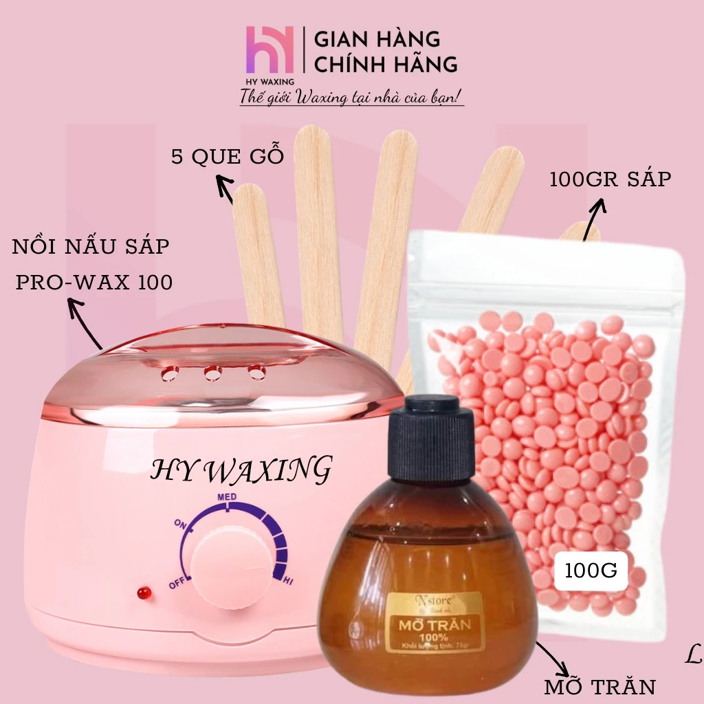 [CHE TÊN] Combo Nồi Nấu Sáp Wax Lông Pro 100 Hồng + 100gr Sáp + 75gr Mỡ Trăn Tặng Kèm Que HYWAXING