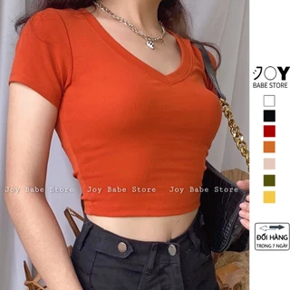 Áo croptop cổ tim Basic JOY BABE 💔 viền cổ may ngay ngắn, thun Forever 21 co giãn 4 chiều tốt 💛 cổ chữ V trơn CRON2 -2D