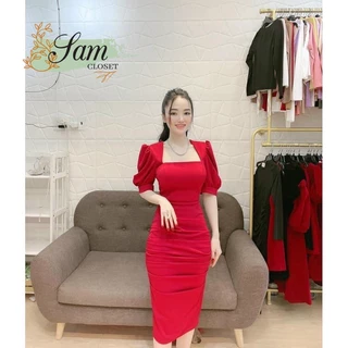 [Mẫu Mới] Đầm Ôm Body Tay Phồng Cổ Chữ U Thời Trang Nữ Sam Closet Free Size 40-55kg