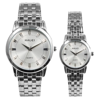 Đồng hồ đôi nam nữ đeo tay cặp chính hãng Halei dây kim loại đẹp vàng giá rẻ thời trang (502)