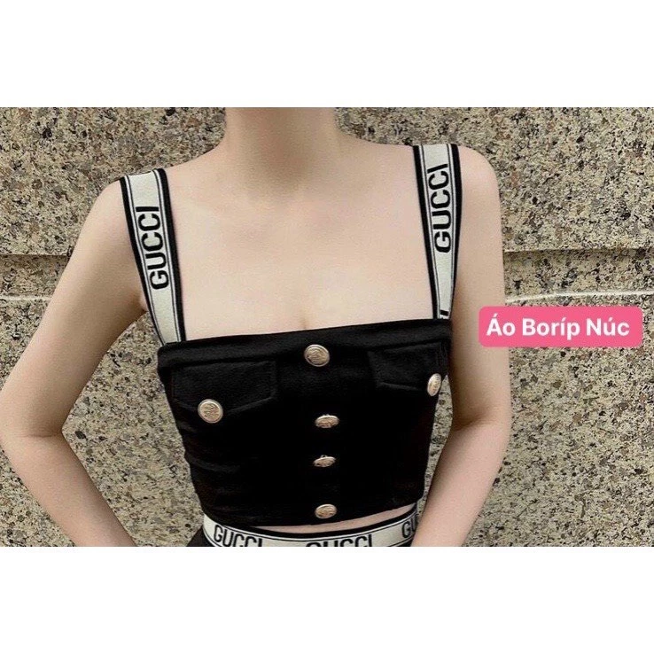 áo croptop 2 dây bản in chữ gu chi đính nút nắp túi đính nút