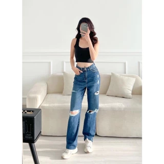 Quần Jeans Nữ HQJeans Dáng Suông Ống Đứng Rách Gối Thiết Kế Thời Trang Trẻ Trung