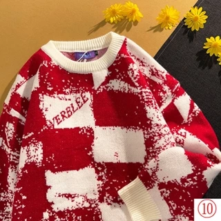 Áo Khoác Sweater Dáng Rộng Màu Đỏ Phong Cách Retro Mừng Năm Mới Cho Cặp Đôi