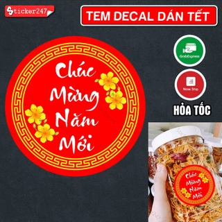 Tem Tết Chúc Mừng Năm Mới Tròn Đỏ 🌈𝑭𝒓𝒆𝒆𝒔𝒉𝒊𝒑 Tem Decal Dán Tết Sang Trọng Chống Nước- Dùng Dán Hộp Bánh Mứt, Giỏ Quà Tết