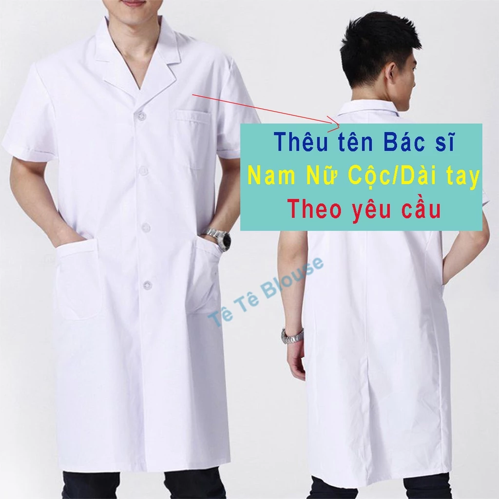 (Thêu Tên Theo Yêu Cầu) Áo Blouse Trắng Bác Sĩ Dáng Dài Tới Gối, Chất Kaki Dày Đẹp, Có Cộc và Dài Tay Dành Cho Nam Nữ