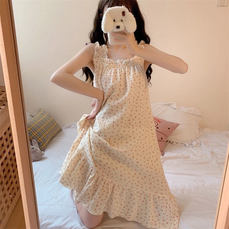 Đầm Ngủ Hai Dây Mỏng Dáng Rộng In Hoa Kiểu Pháp Dễ Thương Cho Bạn Gái