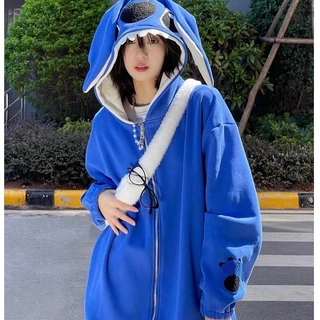 Áo khoác có mũ kiểu dáng gấu stick chất nỉ màu xanh form rộng, áo hoodie zip unisex hot trend