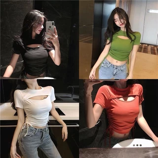 Áo thun croptop nữ ngắn tay dây rút khoét ngực, áo crt ôm body kiểu hàn quốc cổ tròn gợi cảm