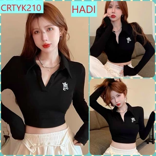 [CRTYK210] ÁO CROPTOP KIỂU LỬNG NỮ CỔ BẺ DÀI TAY CHỮ TRUNG CHẤT THUN GÂN DÀY DẶN MÀU ĐEN CÁ TÍNH HADI