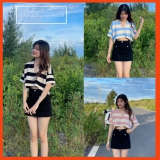 Áo len dệt kim croptop , áo croptop cổ v kẻ sọc đơn giản PLA82