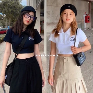 Áo Croptop Nữ Cổ Trụ Thêu HOJI Dáng Ôm Ulzzang (Đen/Trắng)