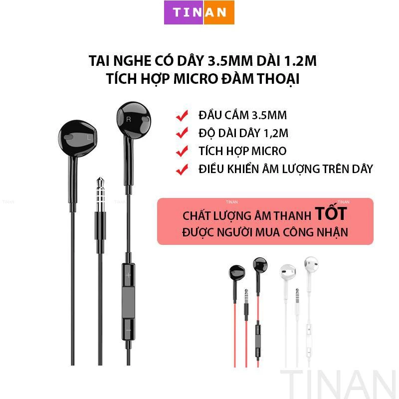 Tai Nghe Có Dây, Tai Nghe Có Mic, TinAn Jack 3.5 Tích hợp Micro và Nút điều chỉnh âm lượng