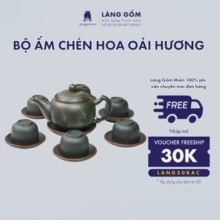 Bộ ấm chén uống trà tử sa đất nung, họa tiết hoa oải hương, gốm sứ Bát Tràng cao cấp - LÀNG GỐM