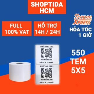 Tem in nhiệt Shoptida loại 550 tem 50*50mm in minicode, qr code, lời cảm ơn, sử dụng cho máy in nhiệt Shoptida SP46