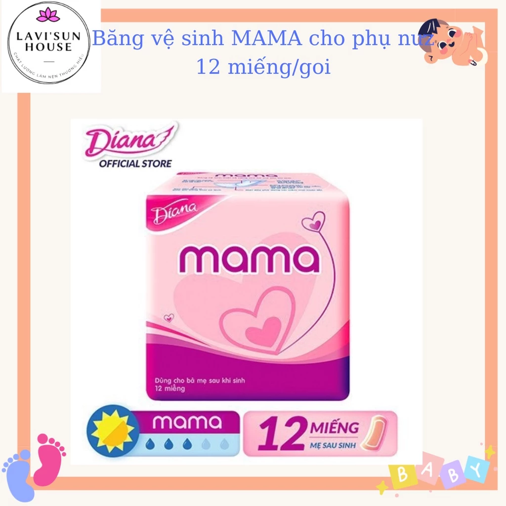 Băng vệ sinh Diana Mama cho mẹ sau sinh 12 miếng bịch, băng cho phụ nữ sau sinh