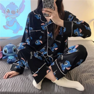 Bộ Đồ Ngủ Tay Dài In Họa Tiết Hoạt Hình Stitch Dễ Thương Thời Trang Xuân Thu Cho Nữ