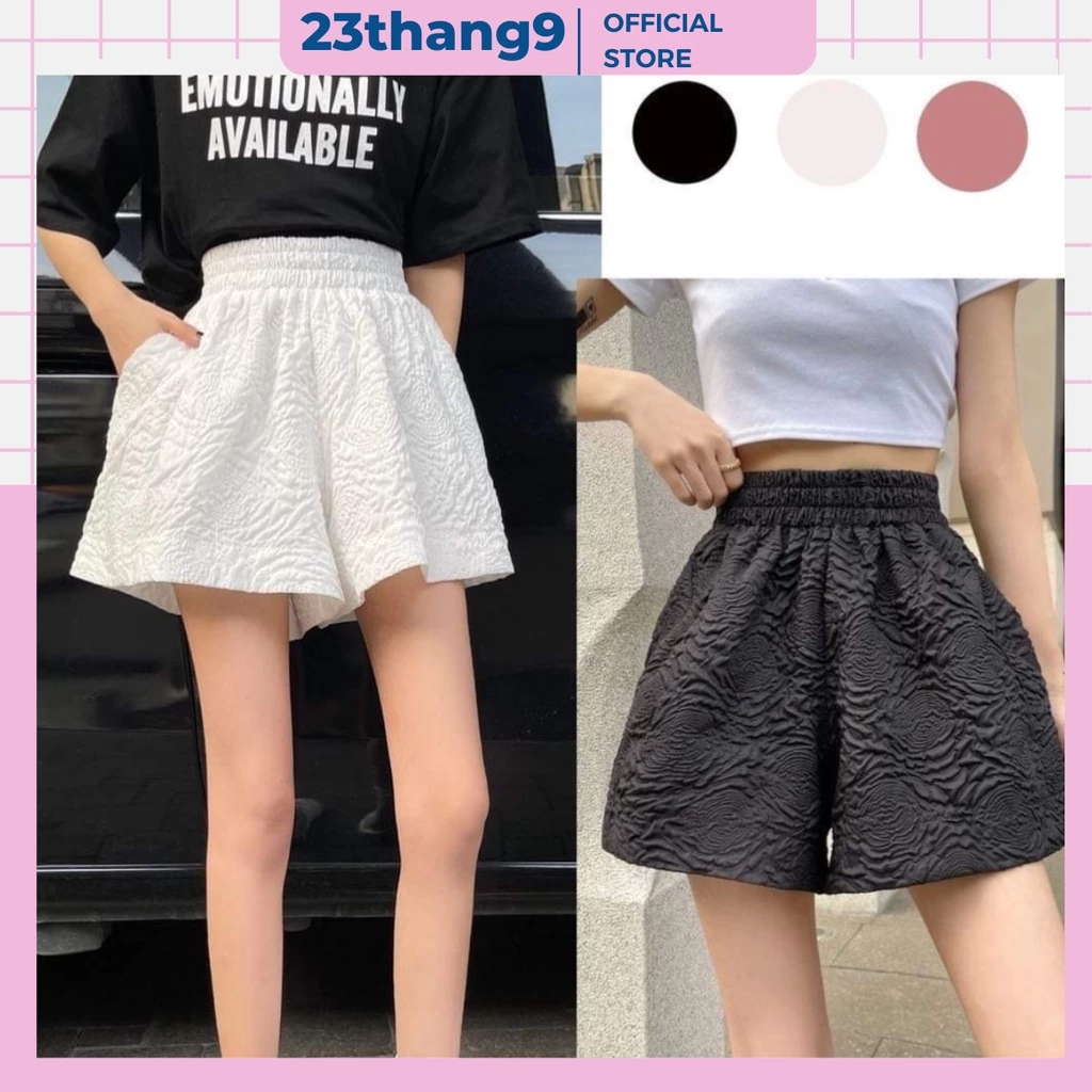 Quần short nữ lưng cao , quần short nữ ống rộng dập nổi 3d chất xốp hoa Quảng Châu phối nhiều kiểu năng động 012