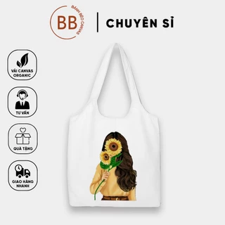 Túi Tote *BẦU* Vải Canvas đeo vai CÔ GÁI VÀ HOA - Hàn Quốc Có Khóa Miệng Túi