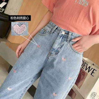 Quần Jeans Ống Rộng Lưng Cao Thêu Hình Trái Tim