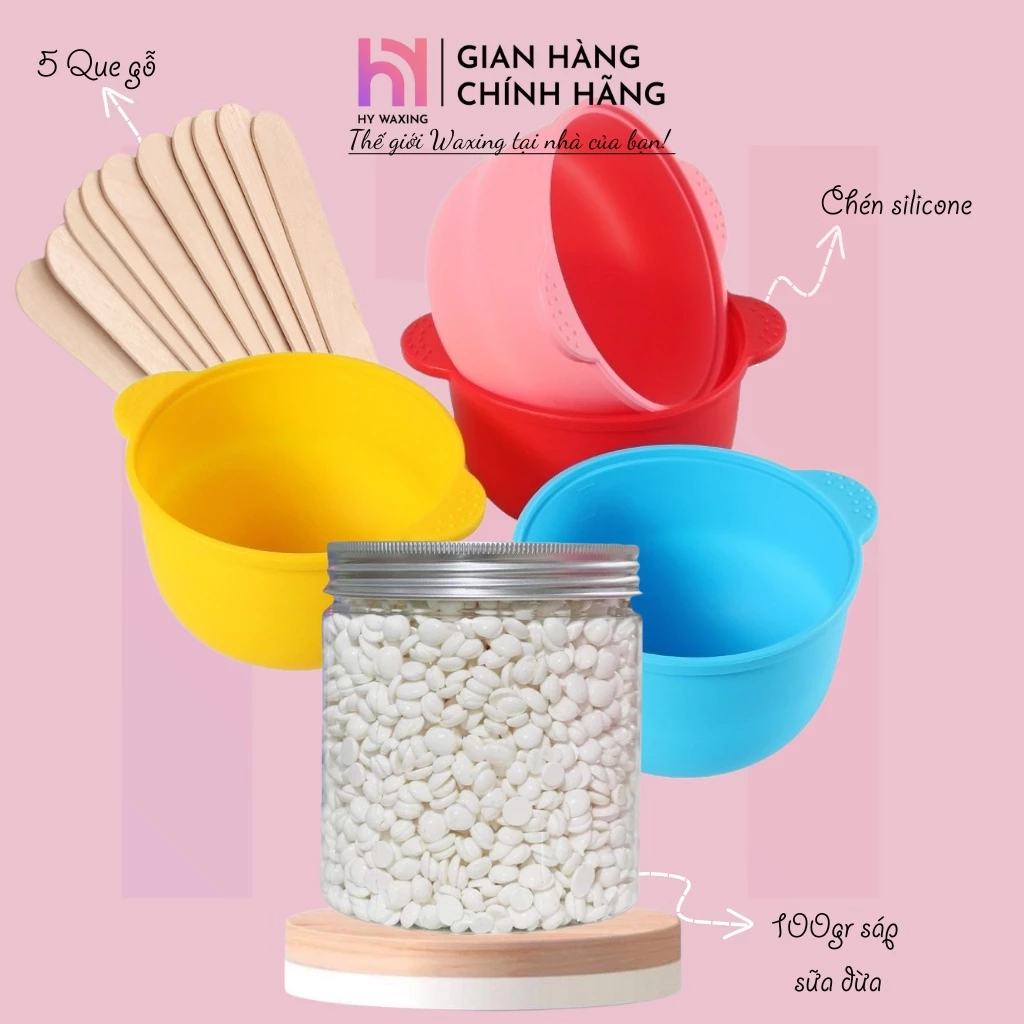[CHE TÊN] Combo Siêu Tiết Kiệm Chén Silicone Chống Dính + 100gr Sáp Premium Siêu Bám Lông  HY WAXING