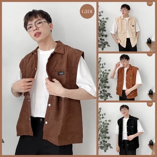 Áo GILE vải nhung gân tag GIDI cổ sơ mi form rộng Nam Nữ Unisex - kiểu cúc bấm lót dù cao cấp