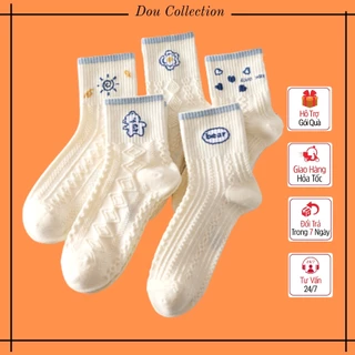 Vớ tất cổ cao nữ unisex chất liệu cotton họa tiết dễ thương màu trắng xanh co giãn và thoáng khí tốt phong cách hàn quốc