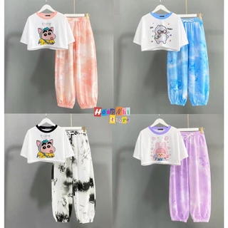 Set Bộ Áo Croptop Viền Cổ Tay Lỡ In Hình Phối Quần Jogger 3D Loang Màu Bo Lai Dáng Rộng Ulzzang - MM