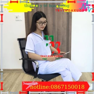 Quần Áo Blu Nữ Dược sỹ, Đồng Phục Quầy Thuốc,  Nhà Thuốc, Bộ Blouse Cổ Tim Màu Trắng Viền Xanh Lá, Xanh Dương