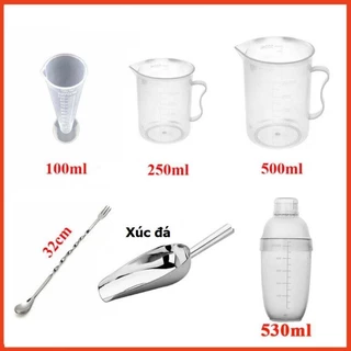 Combo 6 Dụng Cụ Pha Chế: 1 ly đong 100ml+ ca 250ml+ ca 500ml+ 1 xúc đá+ thìa bar 32+ Shaker 530ml