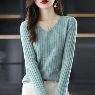 Áo Sweater Dệt Kim Tay Dài Cổ Chữ V Dáng Ôm Thời Trang Cho Nữ