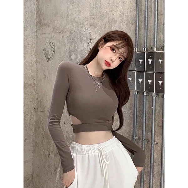 Áo thun CropTop dài tay khoét eo sexy phong cách hàn quốc, co dãn 4 chiều 100% cotton