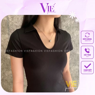 Áo thun cổ đức ngắn tay dáng lửng. Áo thun dáng lửng trẻ trung có cổ áo. VIE fashion 2205-01