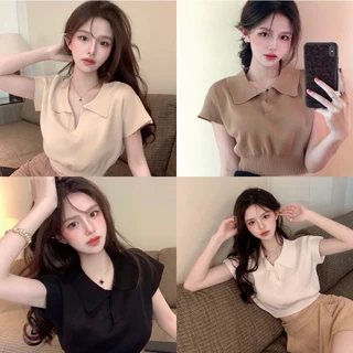 Áo dệt kim mongtoghi croptop cổ bẻ màu trơn beige tay ngắn AL25