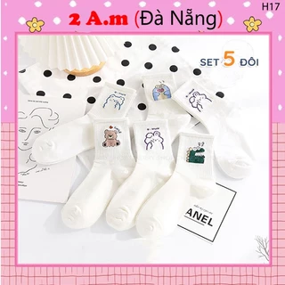 Tất Vớ Cổ Cao Nữ Tone Trắng Họa Tiết Khủng Long Dễ Thương Vải Cotton