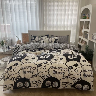 Bộ chăn ga gối cotton poly K'home set ga giường 4 món vỏ chăn ga gối có bo chun theo kích thước - Gấu trắng happy day