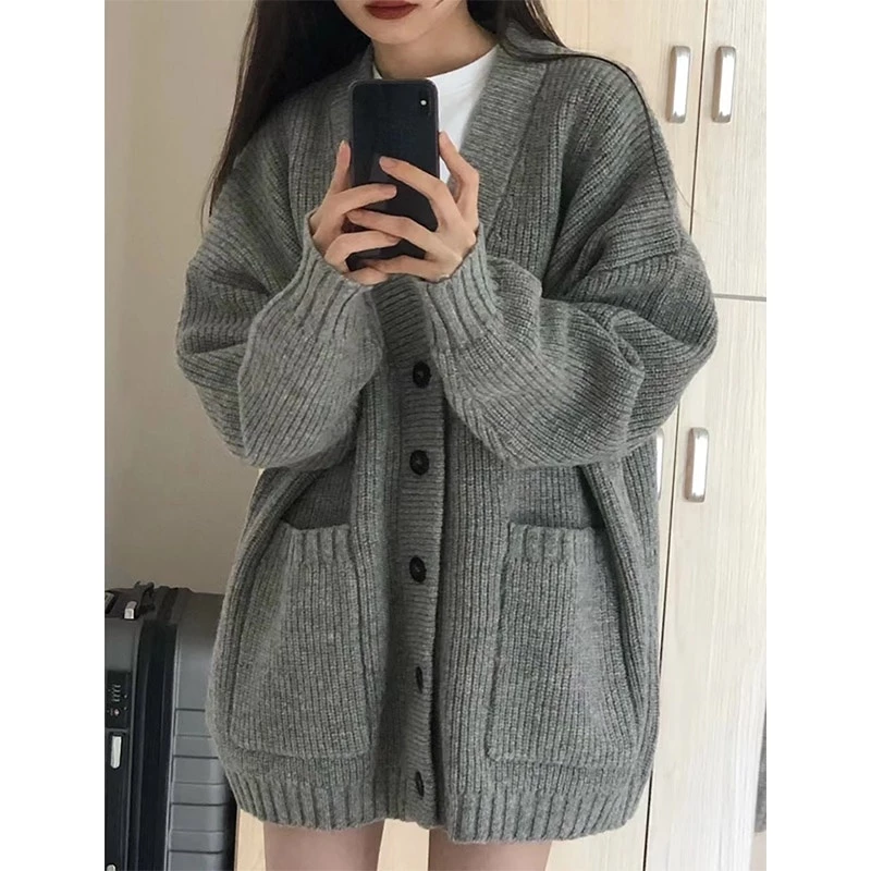 Áo Khoác Cardigan Dệt Kim Dáng Dài Màu Xám Ghi Trơn Mềm Mại Phong Cách Mùa Thu Cho Nữ Hàng Loại 1 Chất Đẹp